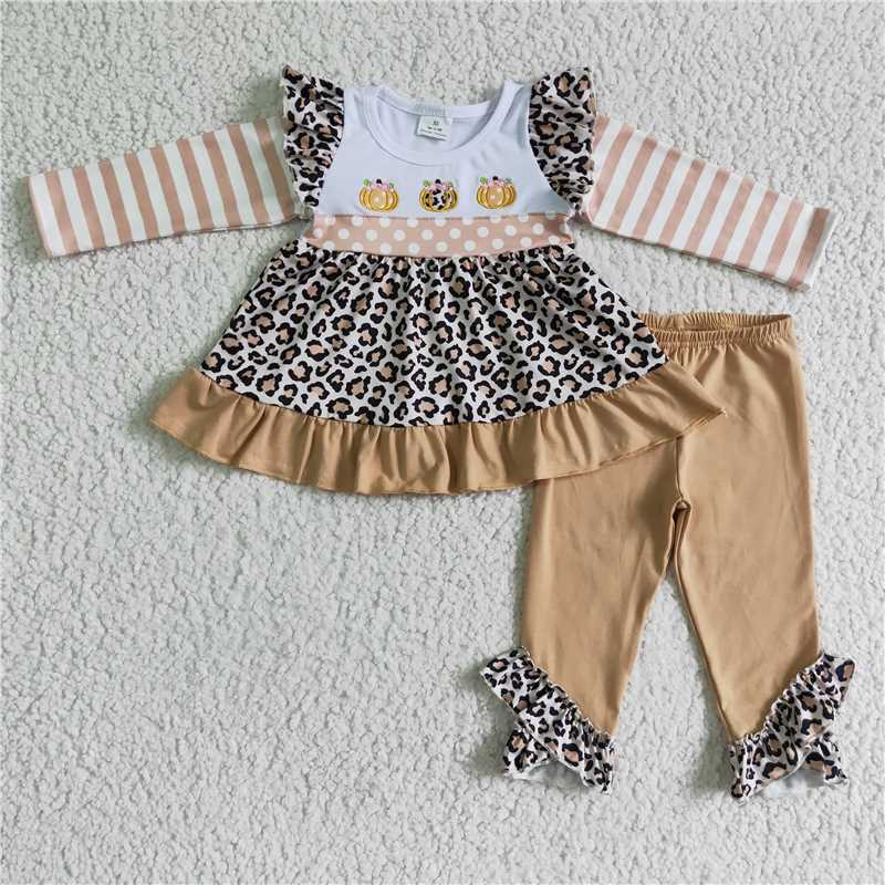 Matching Baby girls Halloween pumpkin leopard stripe outfits romper clothing embroidery