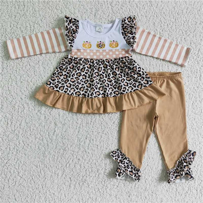 Matching Baby girls Halloween pumpkin leopard stripe outfits romper clothing embroidery