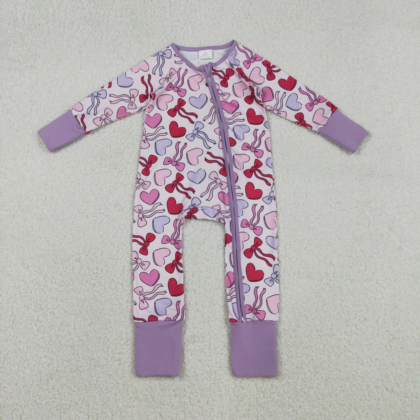 LR2883 baby girls Valentine's love bow long sleeves zipper purple romper