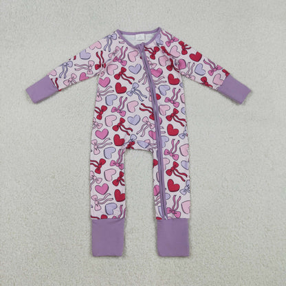 LR2883 baby girls Valentine's love bow long sleeves zipper purple romper