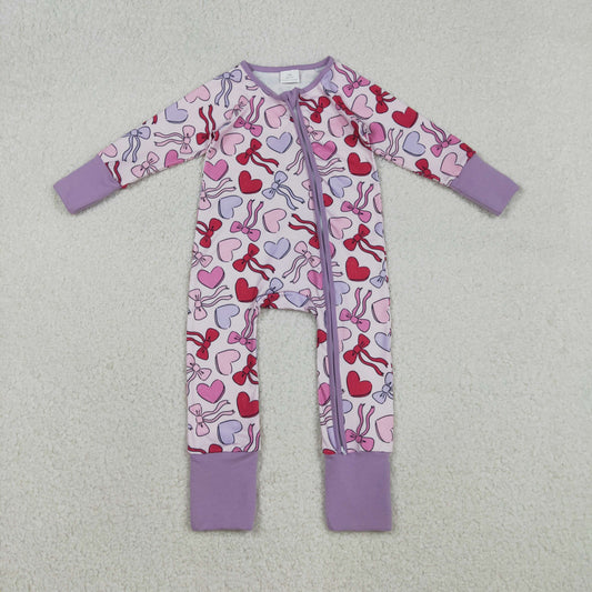 LR2883 baby girls Valentine's love bow long sleeves zipper purple romper