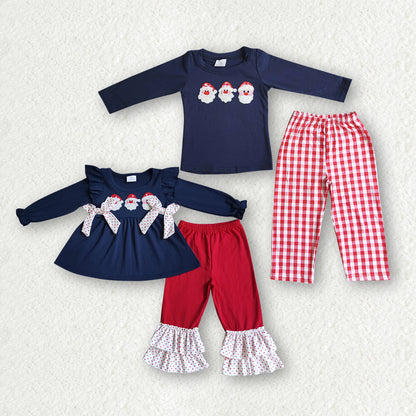 Matching Girls Boys Christmas Santa Outfits Long Sleeves Pants Navy Embroidery