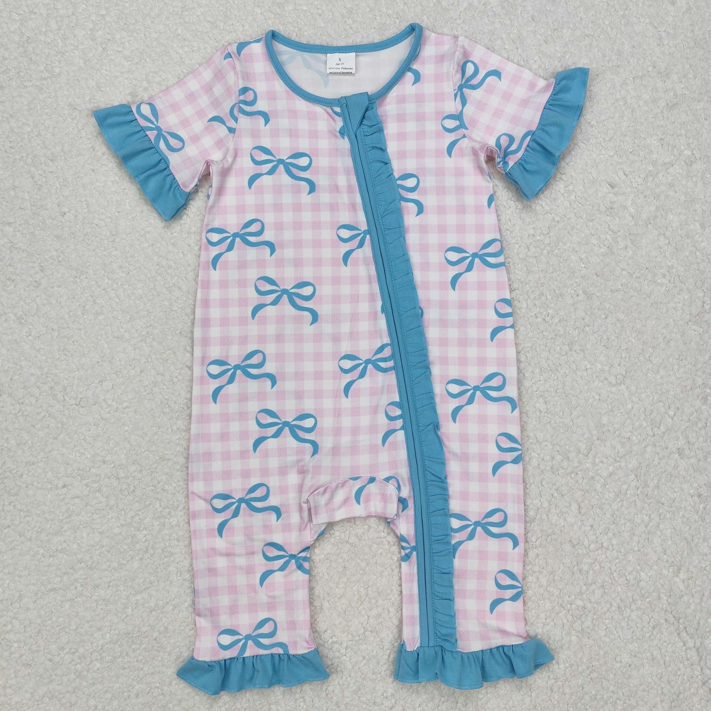 SR2026 Baby girls pink checked blue bows zipper romper