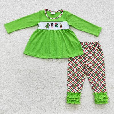 Matching Baby girls boys Christmas cartoon green romper outfits long sleeves embroidery