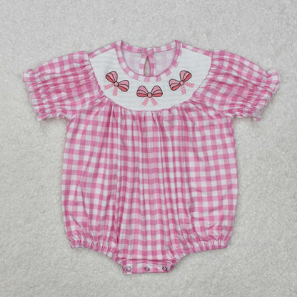 SR2325 Baby girls puff sleeve pink bow romper smocked