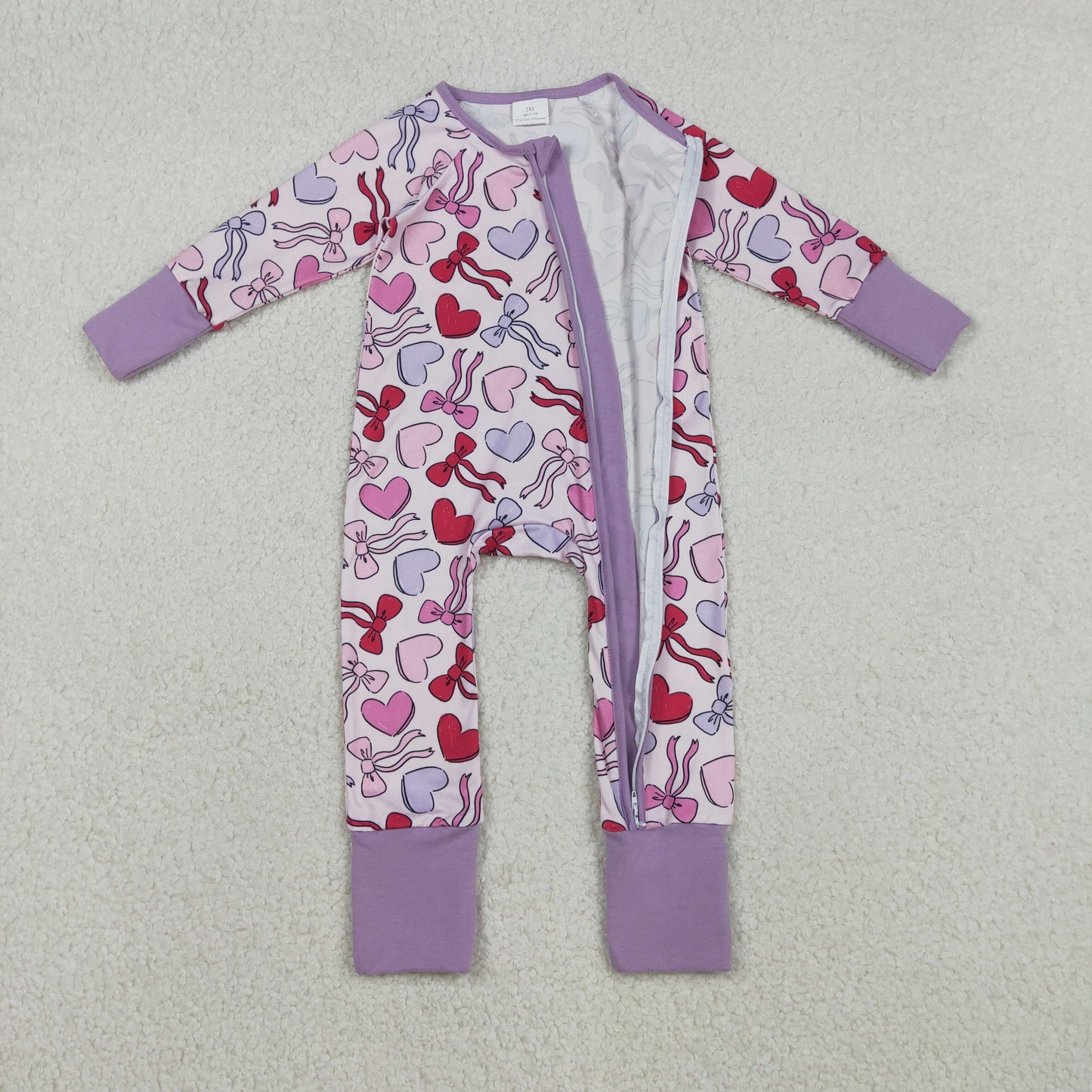 LR2883 baby girls Valentine's love bow long sleeves zipper purple romper