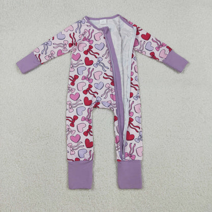 LR2883 baby girls Valentine's love bow long sleeves zipper purple romper