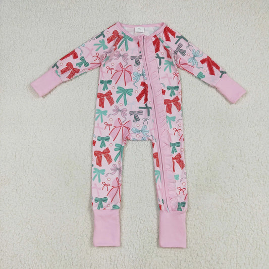 LR2266 baby girls Christmas bow zipper pink romper (Shipment from the US)
