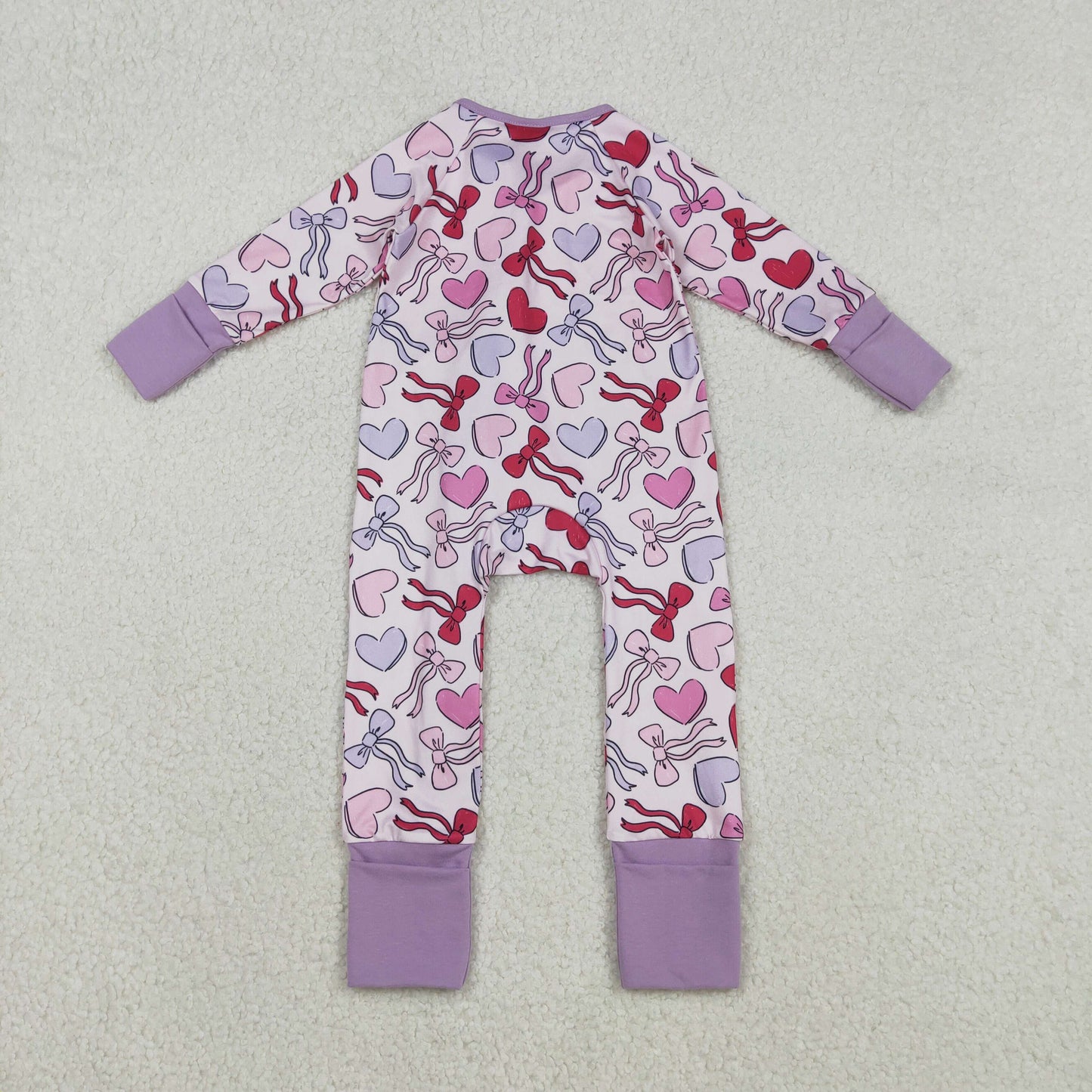 LR2883 baby girls Valentine's love bow long sleeves zipper purple romper