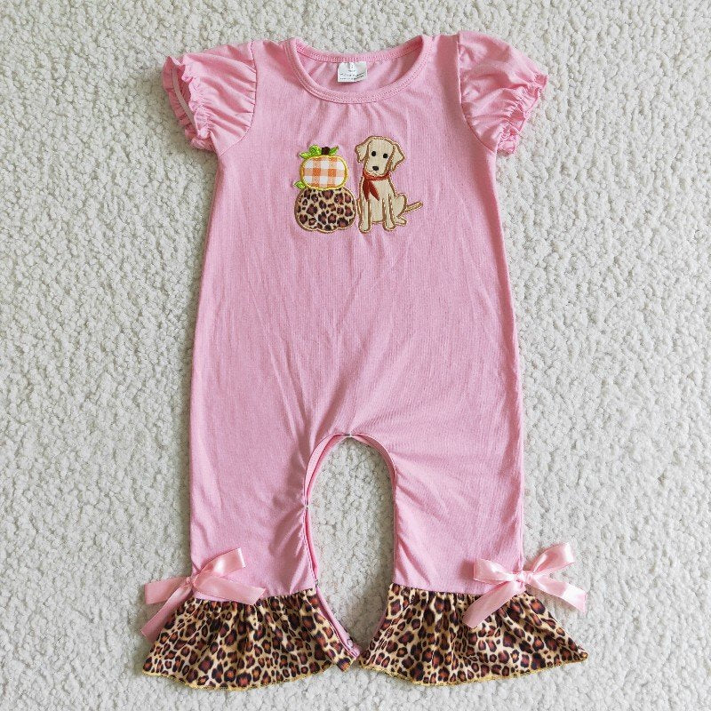 Matching Baby girls Halloween pumpkin puppy leopard pink outfits romper clothing embroidery
