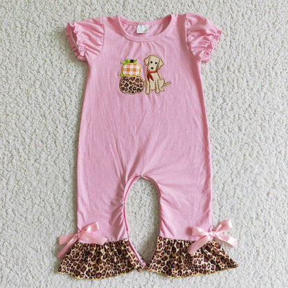 Matching Baby girls Halloween pumpkin puppy leopard pink outfits romper clothing embroidery