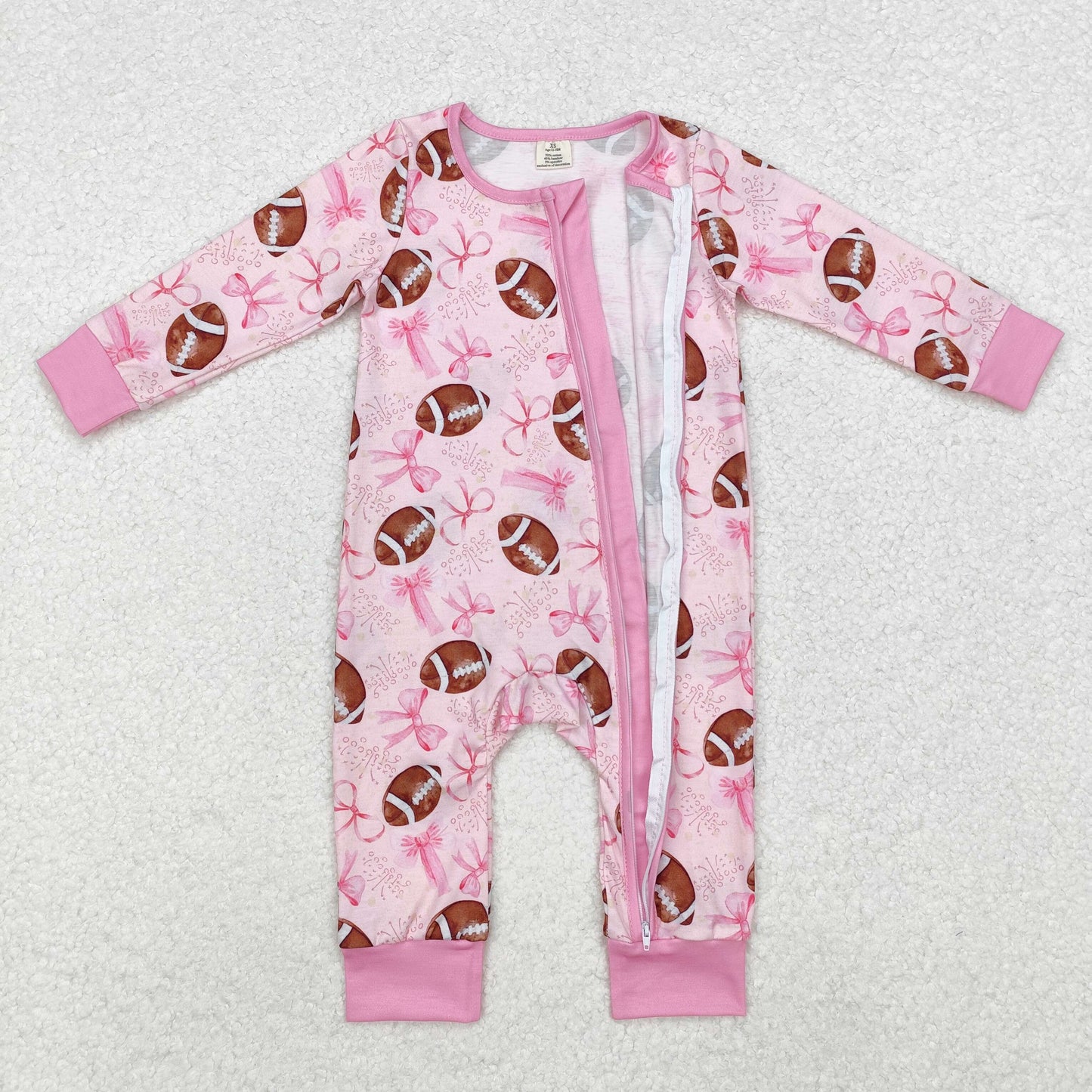 LR1595 Baby girls pink football zipper bamboo romper