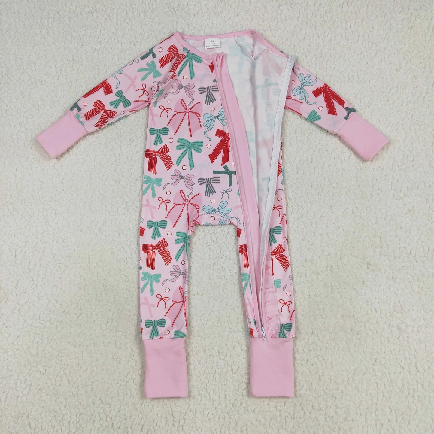 LR2266 baby girls Christmas bow zipper pink romper (Shipment from the US)