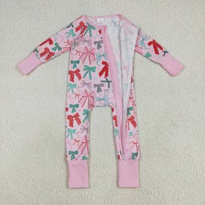 LR2266 baby girls Christmas bow zipper pink romper (Shipment from the US)