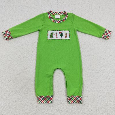 Matching Baby girls boys Christmas cartoon green romper outfits long sleeves embroidery