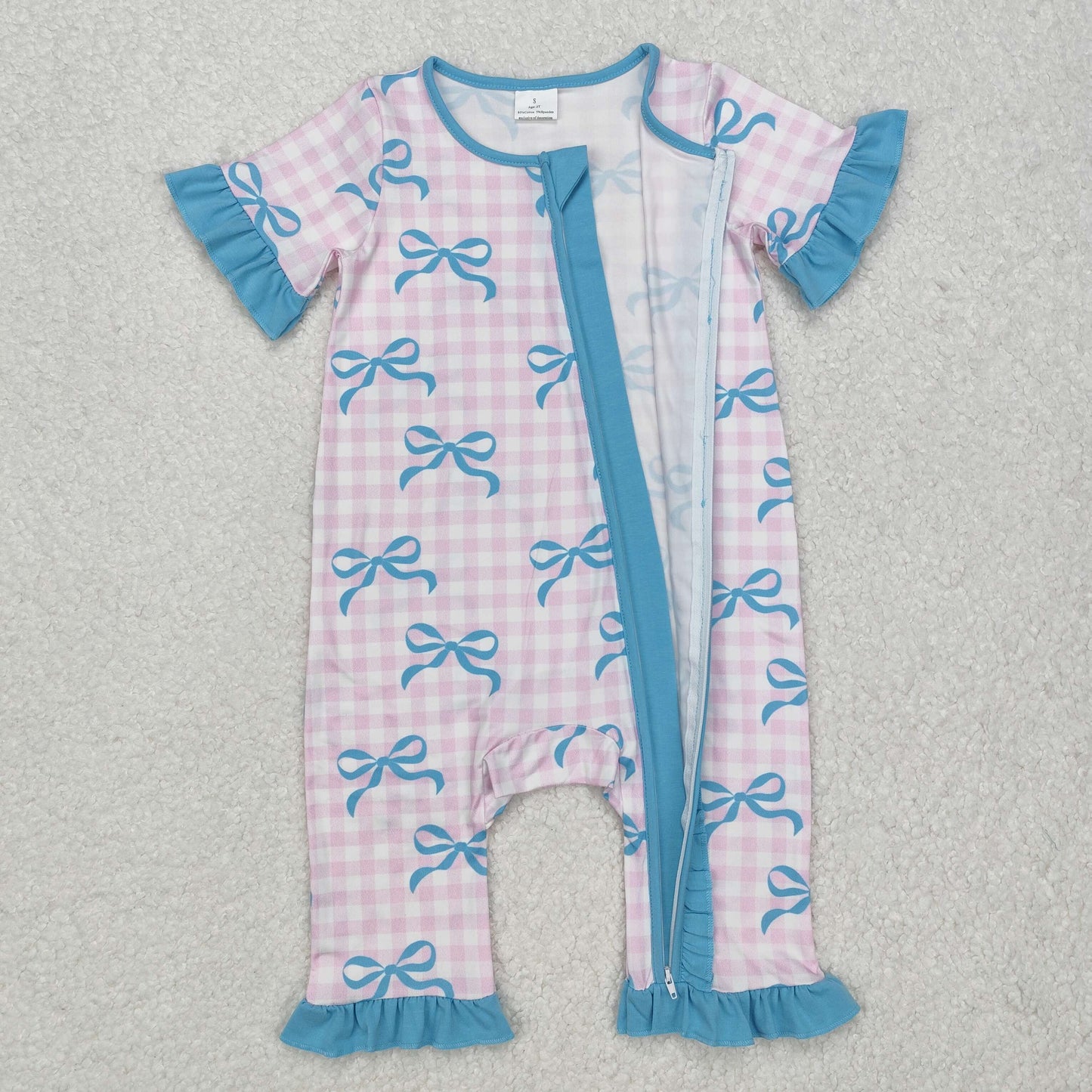 SR2026 Baby girls pink checked blue bows zipper romper