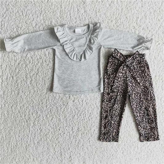 Girls Gray Outfits Long Sleeves Leopard Pants