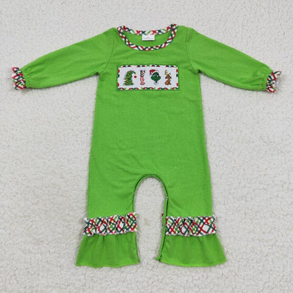 Matching Baby girls boys Christmas cartoon green romper outfits long sleeves embroidery