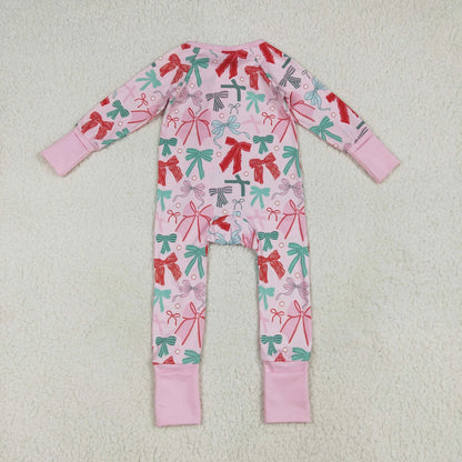 LR2266 baby girls Christmas bow zipper pink romper (Shipment from the US)