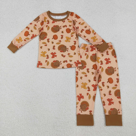 GLP2883 baby girls Thanksgiving Day turkey pumpkin bow pajamas