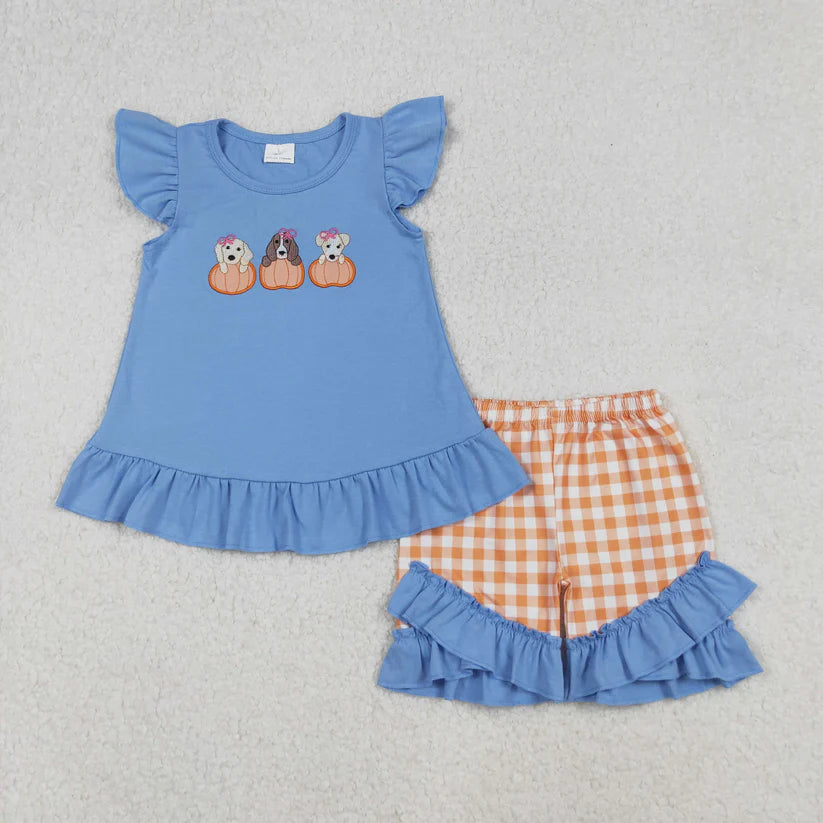 Matching Baby girls boys Halloween puppy blue checkered clothing embroidery