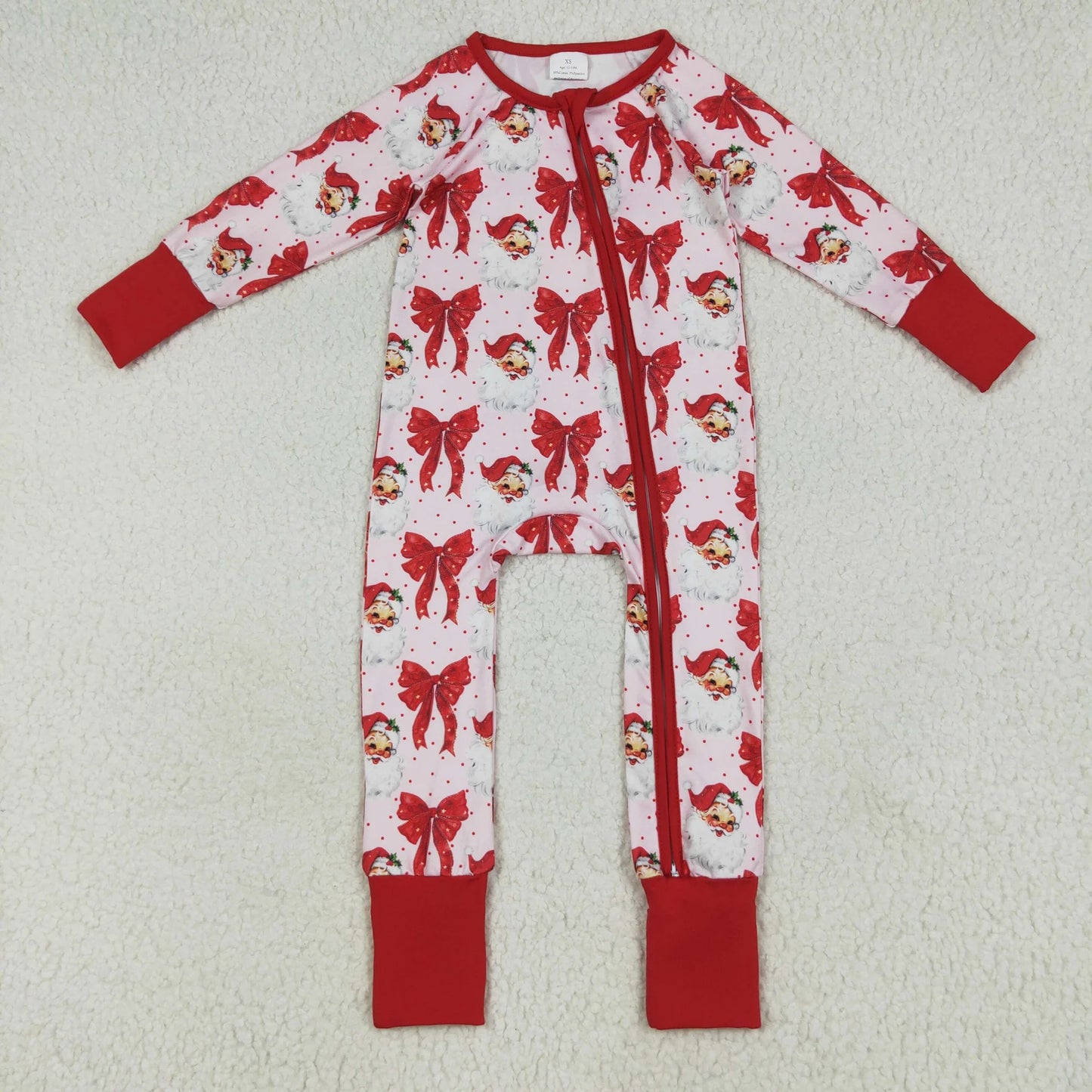 LR2223 baby girls Christmas Santa Claus bow zipper red romper (Shipment from the US)