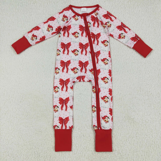 LR2223 baby girls Christmas Santa Claus bow zipper red romper (Shipment from the US)