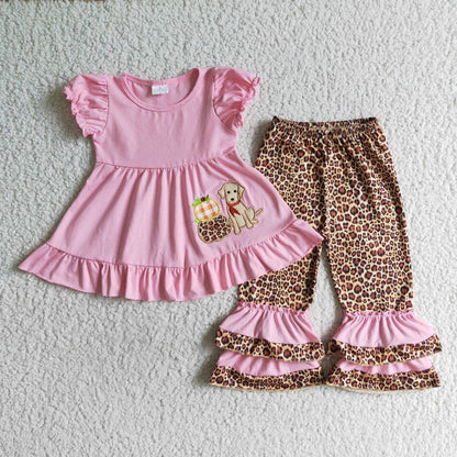 Matching Baby girls Halloween pumpkin puppy leopard pink outfits romper clothing embroidery