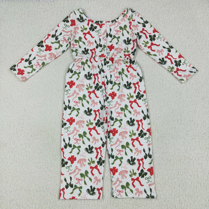 LR2192 baby girls long sleeve Christmas green red bow Jumpsuit