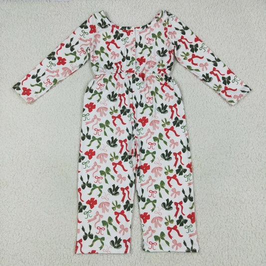 LR2192 baby girls long sleeve Christmas green red bow Jumpsuit
