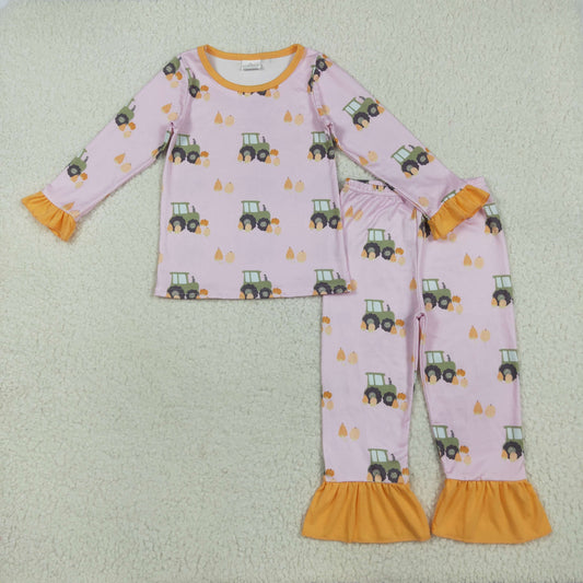GLP2506 baby girls tractor pink orange pajamas