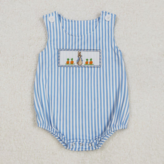 SR2145 Baby boys blue stripe sleeveless bunny carrot romper embroidery