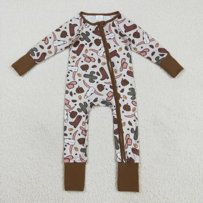 LR2334 Baby Boys bull hat boot zipper brown long sleeve romper