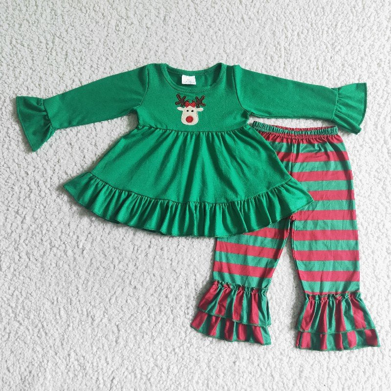 Matching Baby girls boys Christmas deer stripe clothing embroidery
