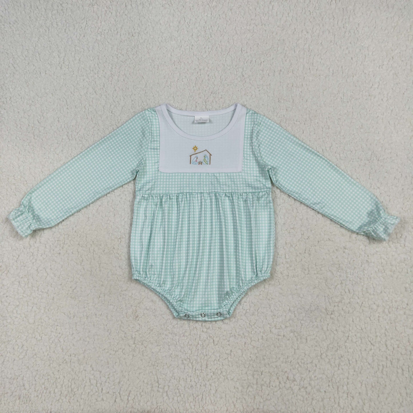 LR2265 baby girls Jesus green checkered long sleeve romper embroidery