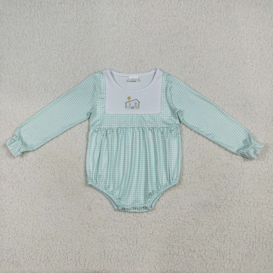 LR2265 baby girls Jesus green checkered long sleeve romper embroidery