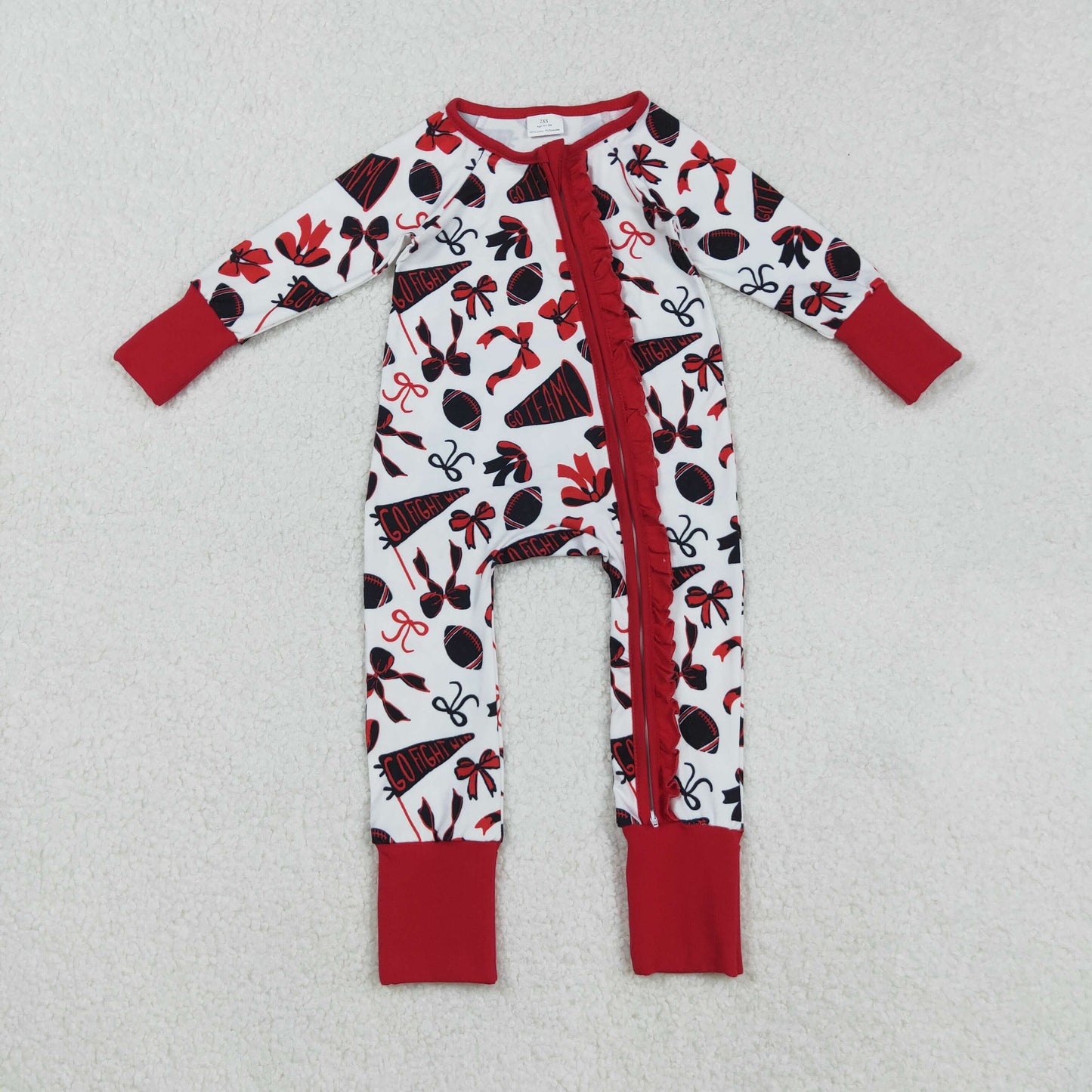 LR2512 baby girls Cheer bow red floral zipper romper