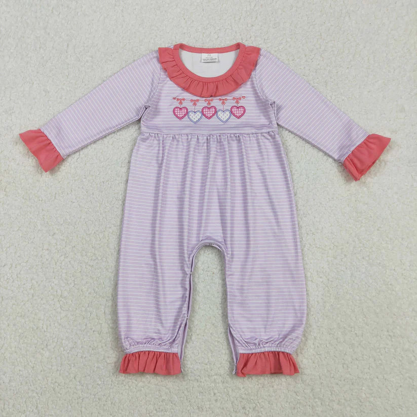 Matching Baby girls valentine love purple stripe outfits long sleeves embroidery