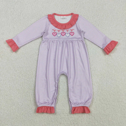 Matching Baby girls valentine love purple stripe outfits long sleeves embroidery