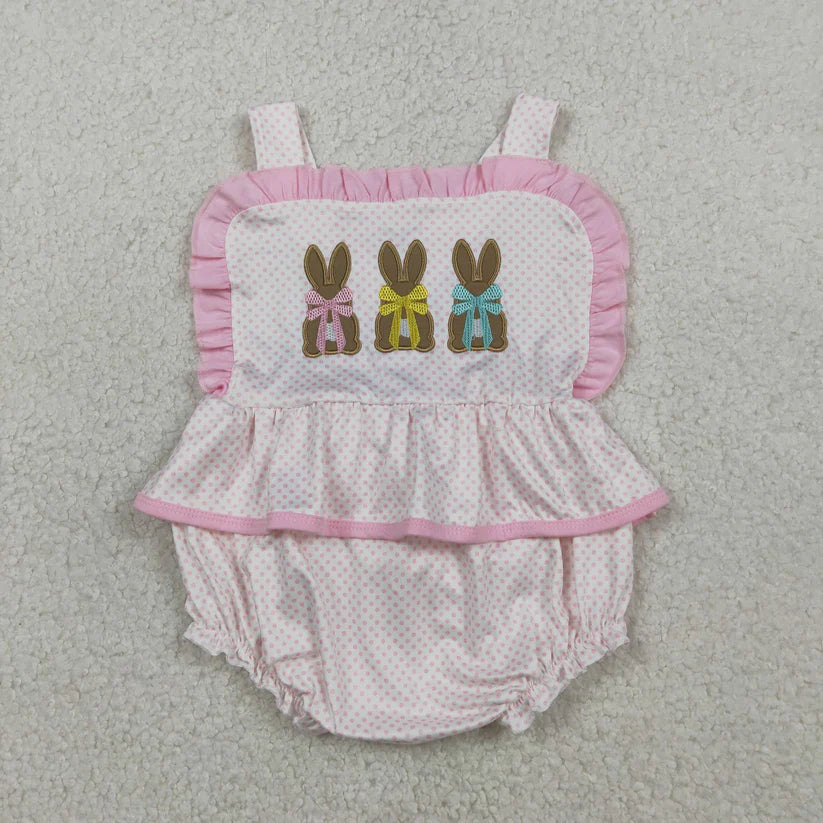 Matching Baby girls Easter bunny pink romper outfits embroidery