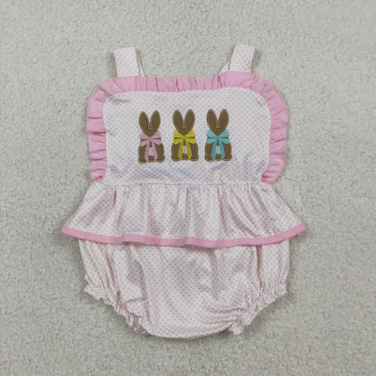 Matching Baby girls Easter bunny pink romper outfits embroidery