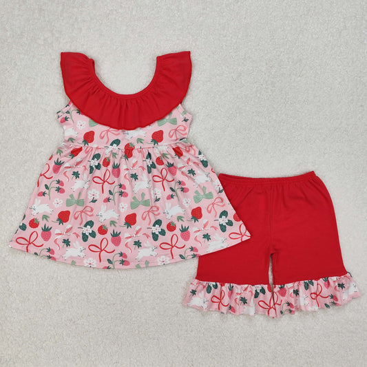 GSSO1914 girls sleeveless floral collar bow shorts outfits