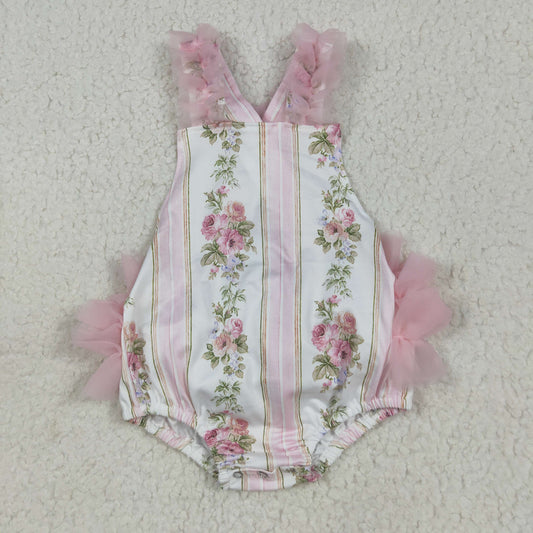 SR2964 Baby girls pink yarn flower stripe romper