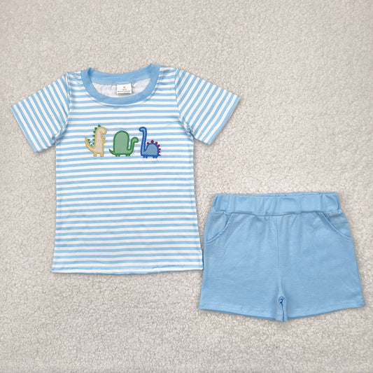 BSSO1375 Boys dinosaur stripe blue shorts outfits embroidery