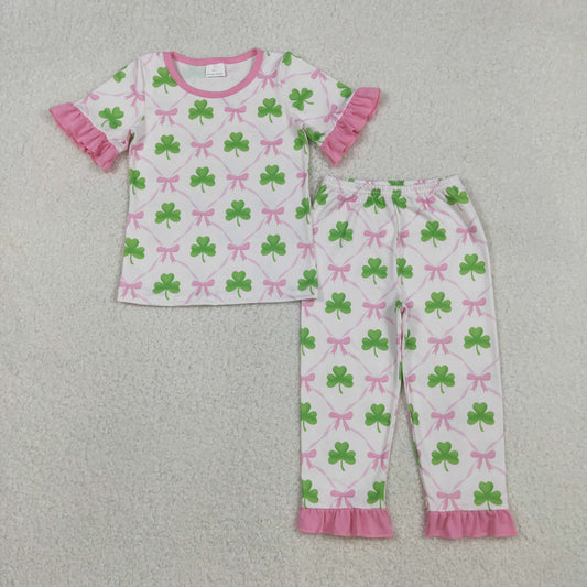 GSPO1838 Girls St Patrick's Day short sleeve green clover pajamas