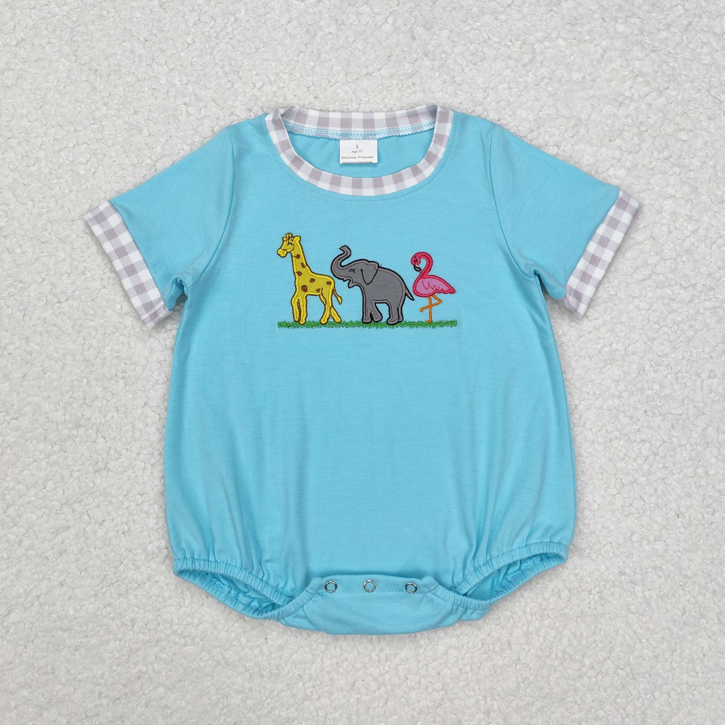 SR2123 Baby boys cyan giraffe elephant romper embroidery