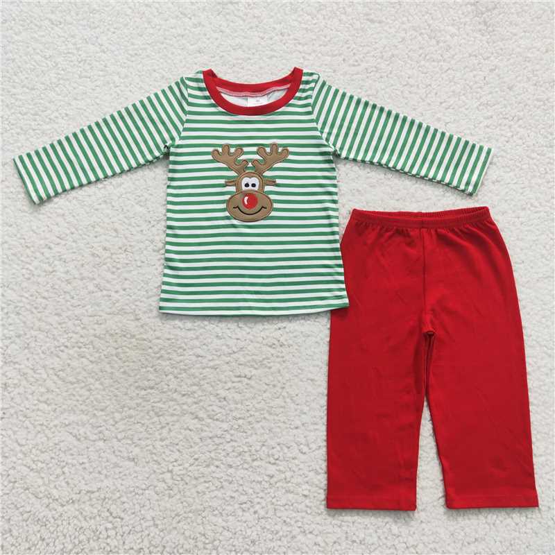 Matching Baby girls boys Christmas deer green stripe romper outfits long sleeves embroidery