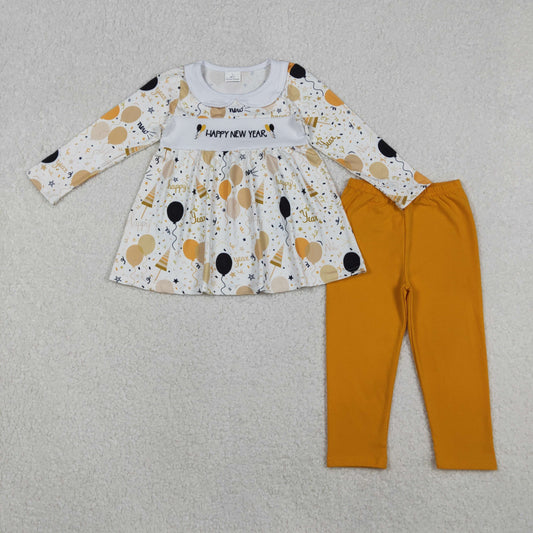 GLP2901 baby girls HAPPY NEW YEAR yellow outfits embroidery