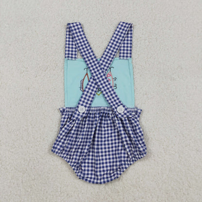 SR3413 baby boys fish blue checkered romper embroidery