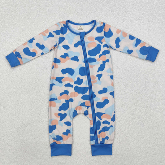 LR1574 Baby boys blue camo zipper bamboo romper